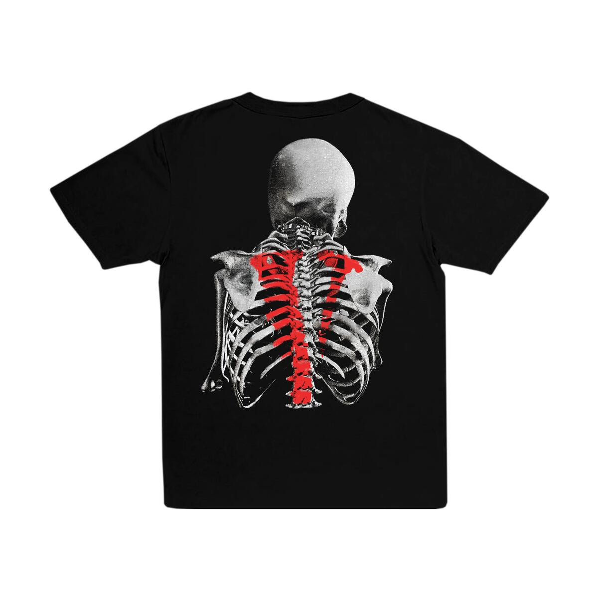 black Vlone shirt with a skeleton graphic with a red V in the middle 